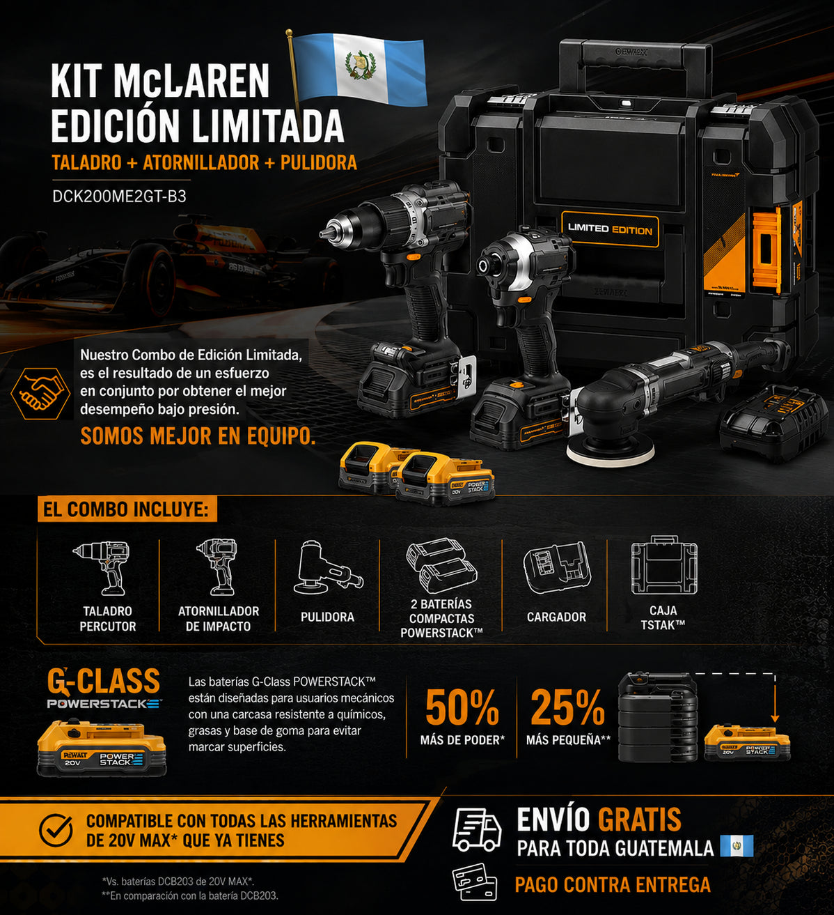 Kit MClaren Dewalt Edicion Limitada Taladro Atornillador + Pulidora Dck200me2gt-b3