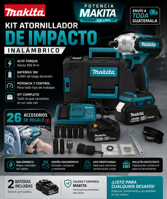 Kit Atornillador Pistola de Impacto Inalámbrico Makita + 2 Baterías y 26 Accesorios Regalo