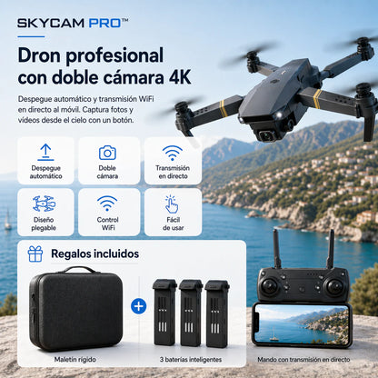 SKYCAM PRO™ | Dron profesional con doble cámara 4K, despegue automático y transmisión Wifi en directo al móvil. Captura fotos y vídeos de calidad. (Solo Hoy Incluye maletín rígido + 2 baterías GRATIS para volar todo el día)